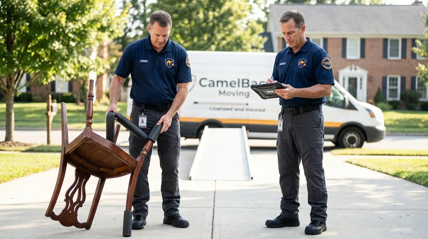 Movers inspecting furniture for damage prevention before loading in Headland, AL