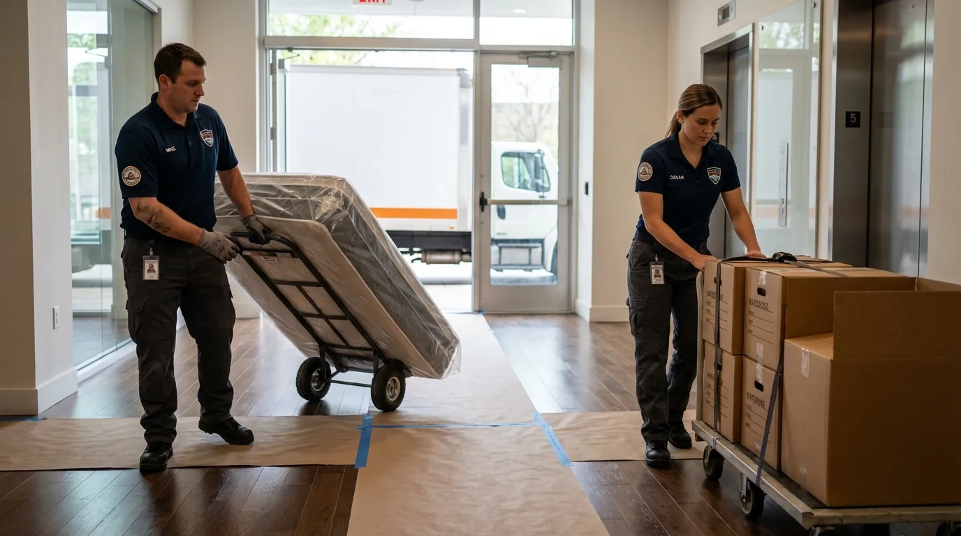 Professional apartment movers loading elevator in Headland, AL